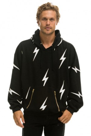 Sudadera con Capucha Aviator Nation Bolt Stitch Repeat Relaxed Pullover With Pocket Zippers Hombre Black | 63ZTBPCIK