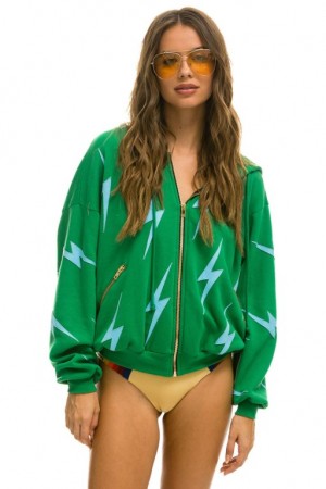 Sudadera con Capucha Aviator Nation Bolt Stitch Repeat Relaxed Zip With Pocket Zippers Mujer Green / Blue | 01VEPOBSN
