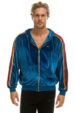Sudadera con Capucha Aviator Nation Classic Velvet Relaxed Zip Hombre Blue | 60AKXCGTJ