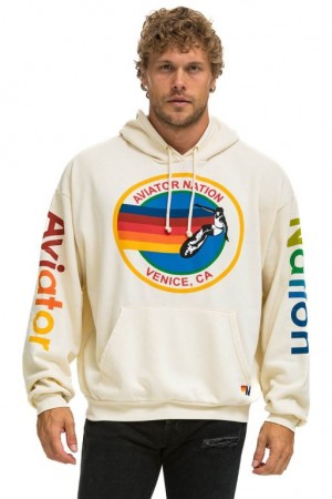 Sudadera con Capucha Aviator Nation Relaxed Pullover Hombre White | 64CXRQEWV