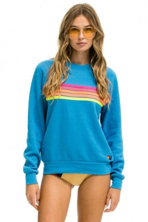 Sudaderas Aviator Nation 5 Stripe Crew Mujer Pink Yellow | 20RQZWPTH