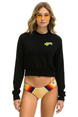 Sudaderas Aviator Nation Aspen Embroidery Cropped Crew Mujer Black | 20RGNZOEA