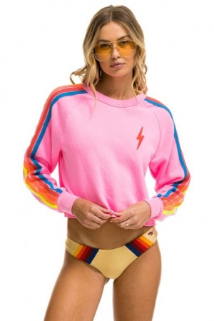 Sudaderas Aviator Nation Bolt Embroidery Classic Cropped Crew Mujer Pink | 18JDSQGRP