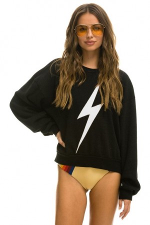 Sudaderas Aviator Nation Bolt Stitch Relaxed Crew Mujer Black / White | 17FRTUVPD