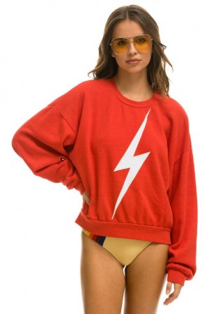 Sudaderas Aviator Nation Bolt Stitch Relaxed Crew Mujer Red / White | 17VRQOSDX