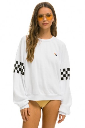 Sudaderas Aviator Nation Check 2 Sleeve Relaxed Crew Mujer White | 17PQTODWX