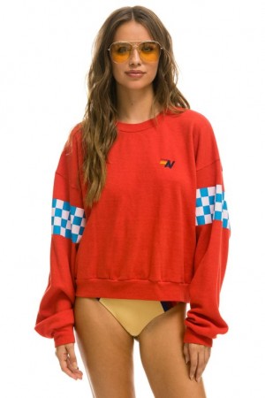 Sudaderas Aviator Nation Check 2 Sleeve Relaxed Crew Mujer Red / White / Blue | 17SXTAFWI