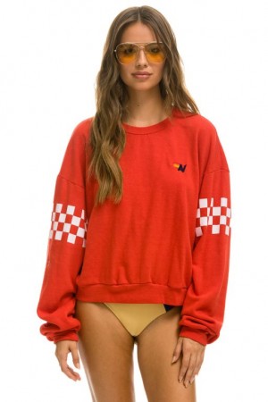 Sudaderas Aviator Nation Check 2 Sleeve Relaxed Crew Mujer Red / White | 17TLDQCEW