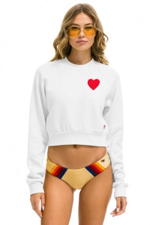 Sudaderas Aviator Nation Heart Embroidery Cropped Crew Mujer White | 16XHJVQGK