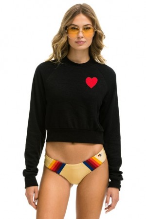 Sudaderas Aviator Nation Heart Embroidery Cropped Crew Mujer Black | 16XJMFGYP