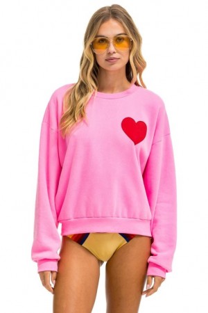Sudaderas Aviator Nation Heart Stitch Relaxed Crew Mujer Pink | 16VJAUMKN