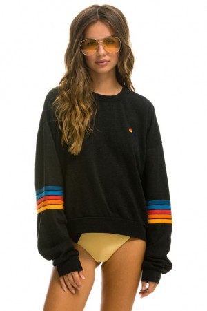 Sudaderas Aviator Nation Rainbow Stitch Sleeve Crew Relaxed Mujer Black | 17BSHYRIU