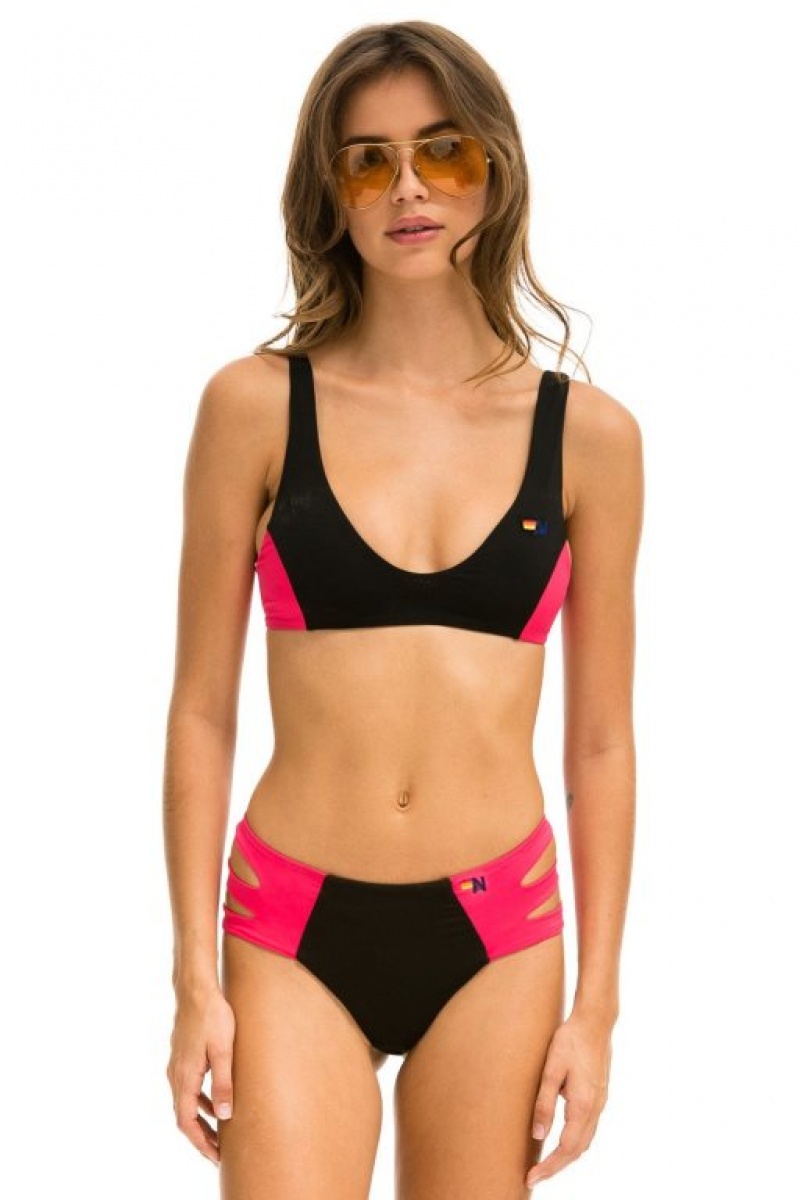 Abajo De Bikini Aviator Nation Hi-waisted Side Cut Out Color Block Full Coverage Brief Mujer Black / Red | 58MXTCAWE