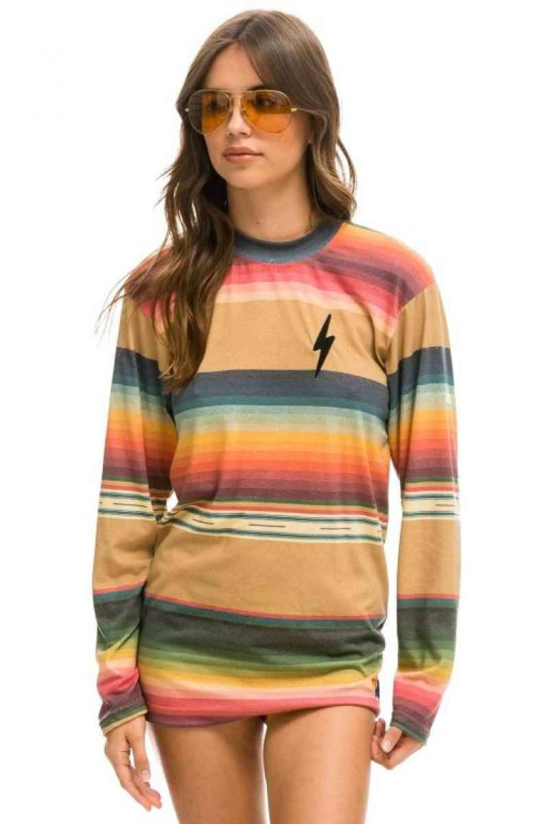 Camiseta Aviator Nation Bolt Embroidery Long Sleeve Crew Mujer Light Khaki | 29UOFGWKJ