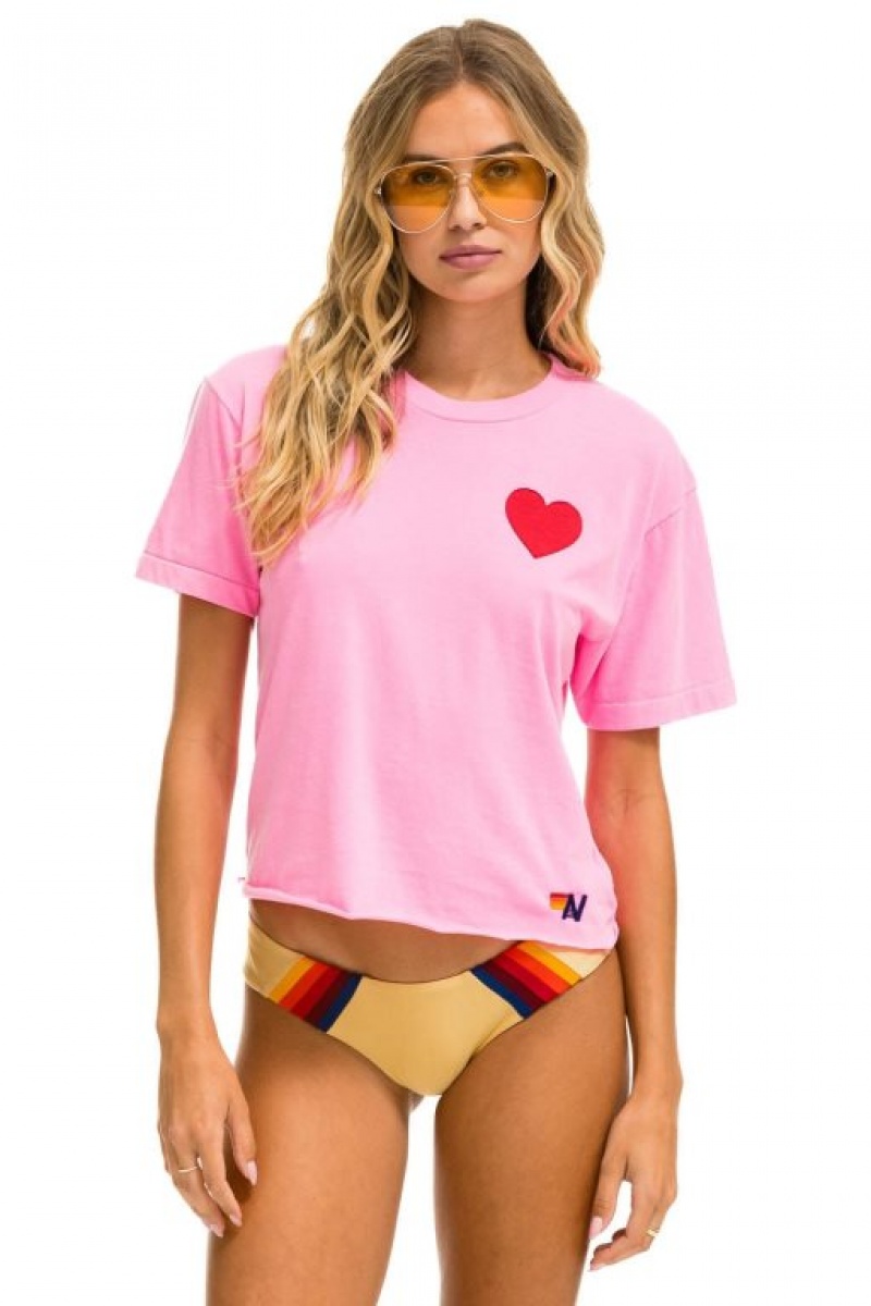 Camiseta Aviator Nation Heart Stitch Boyfriend Mujer Pink | 23ZMXOITU