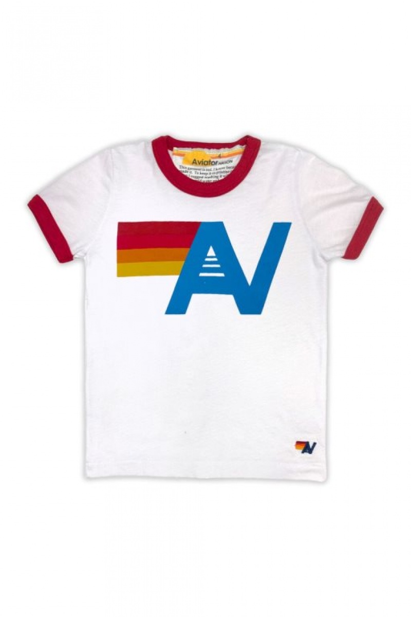 Camiseta Aviator Nation Logo Ringer Niños White / Red | 91ATWUSEM
