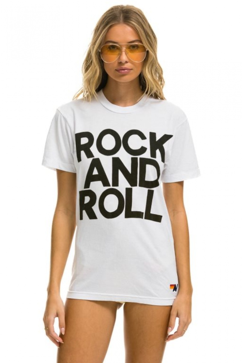 Camiseta Aviator Nation Rock And Roll Mujer White | 28OGHPFIA