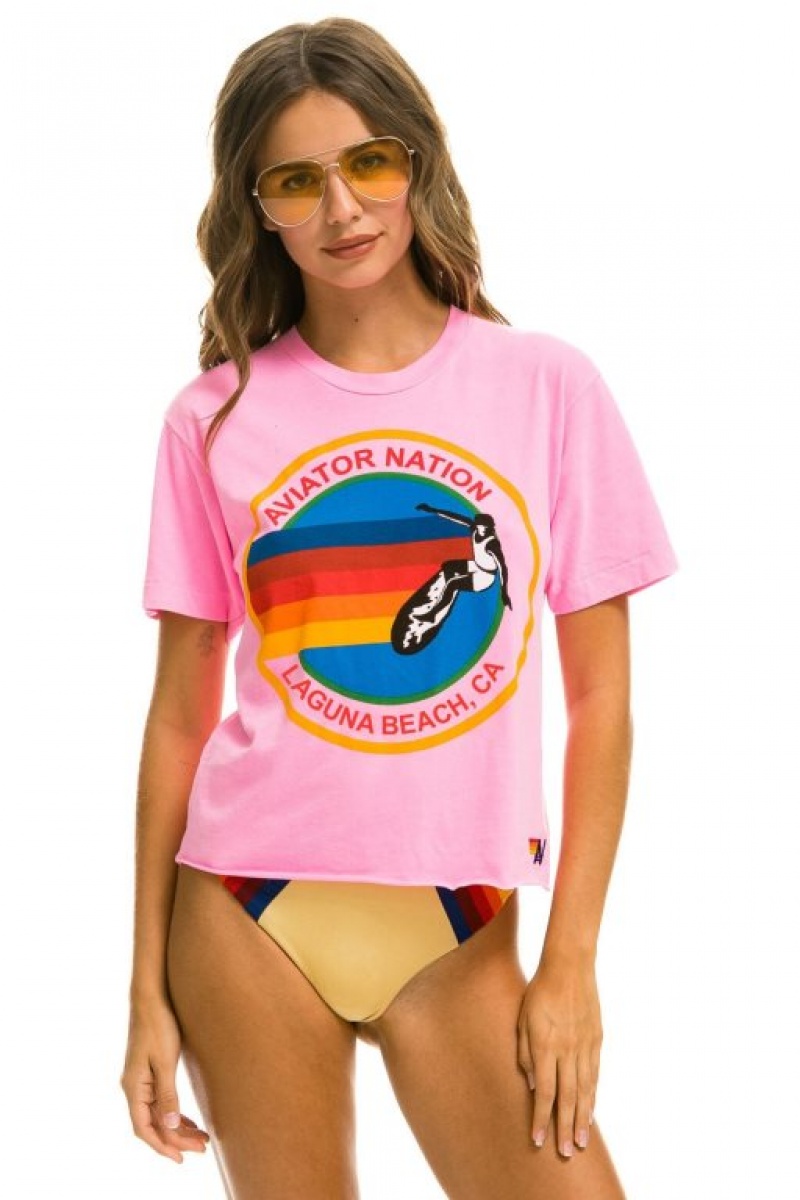Camiseta Aviator Nation Signature Laguna Beach Boyfriend Mujer Pink | 25SRJYPEN