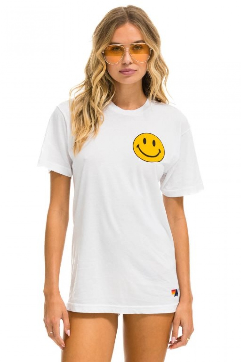 Camiseta Aviator Nation Smiley 2 Crew Hombre White | 71ZJKYVCL