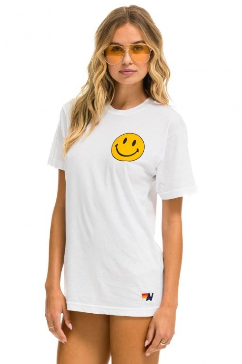 Camiseta Aviator Nation Smiley 2 Crew Hombre White | 71ZJKYVCL