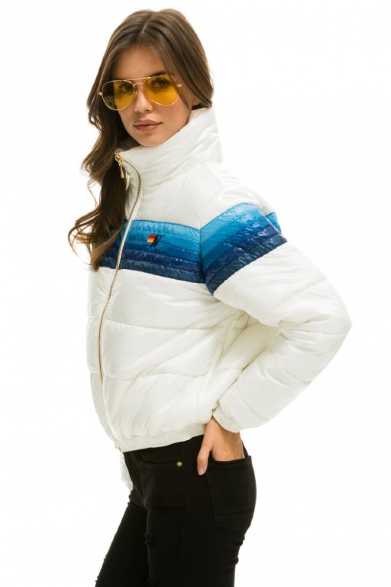 Chaquetas Aviator Nation 5 Stripe Luxe Apres Puffer Mujer White / Blue | 14AXIRHDG