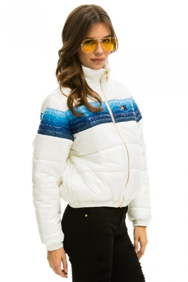 Chaquetas Aviator Nation 5 Stripe Luxe Apres Puffer Mujer White / Blue | 14AXIRHDG