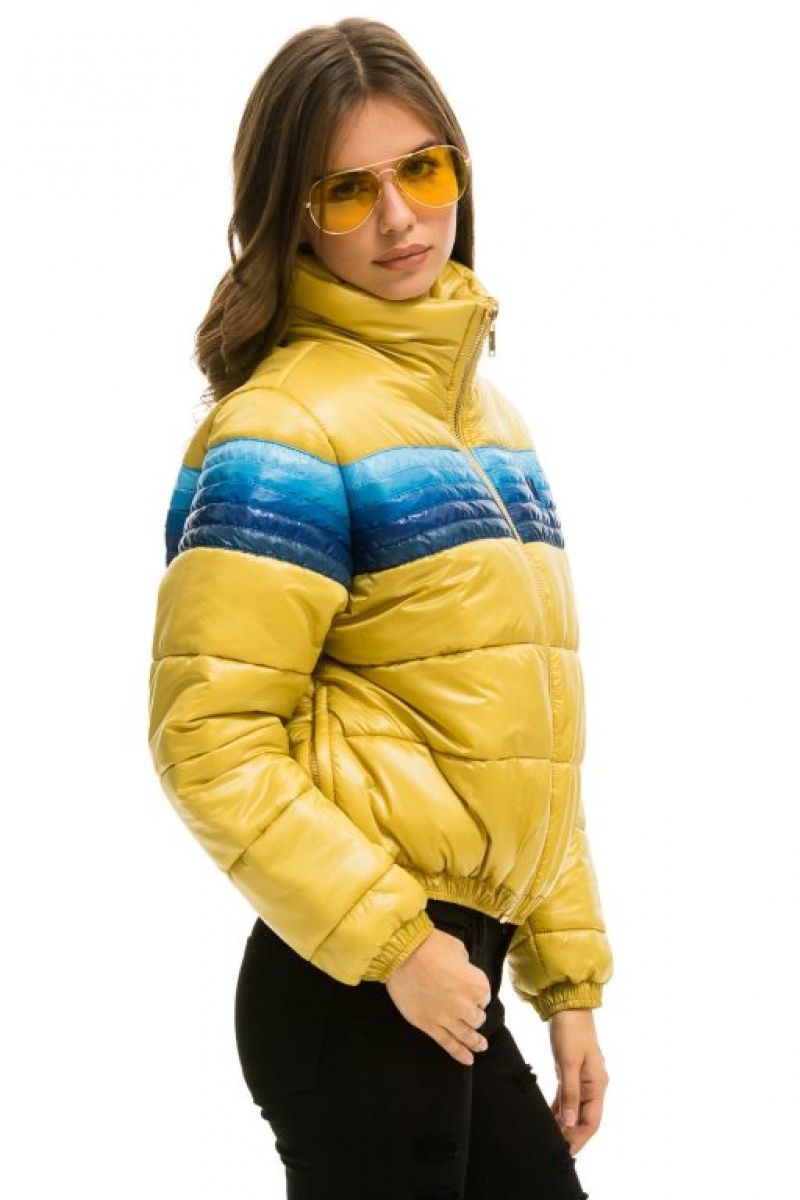 Chaquetas Aviator Nation 5 Stripe Luxe Apres Puffer Mujer Glossy Khahki | 14BUFCDYQ