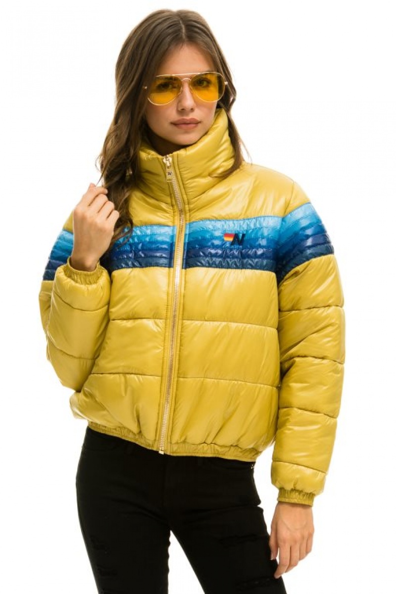Chaquetas Aviator Nation 5 Stripe Luxe Apres Puffer Mujer Glossy Khahki | 14BUFCDYQ