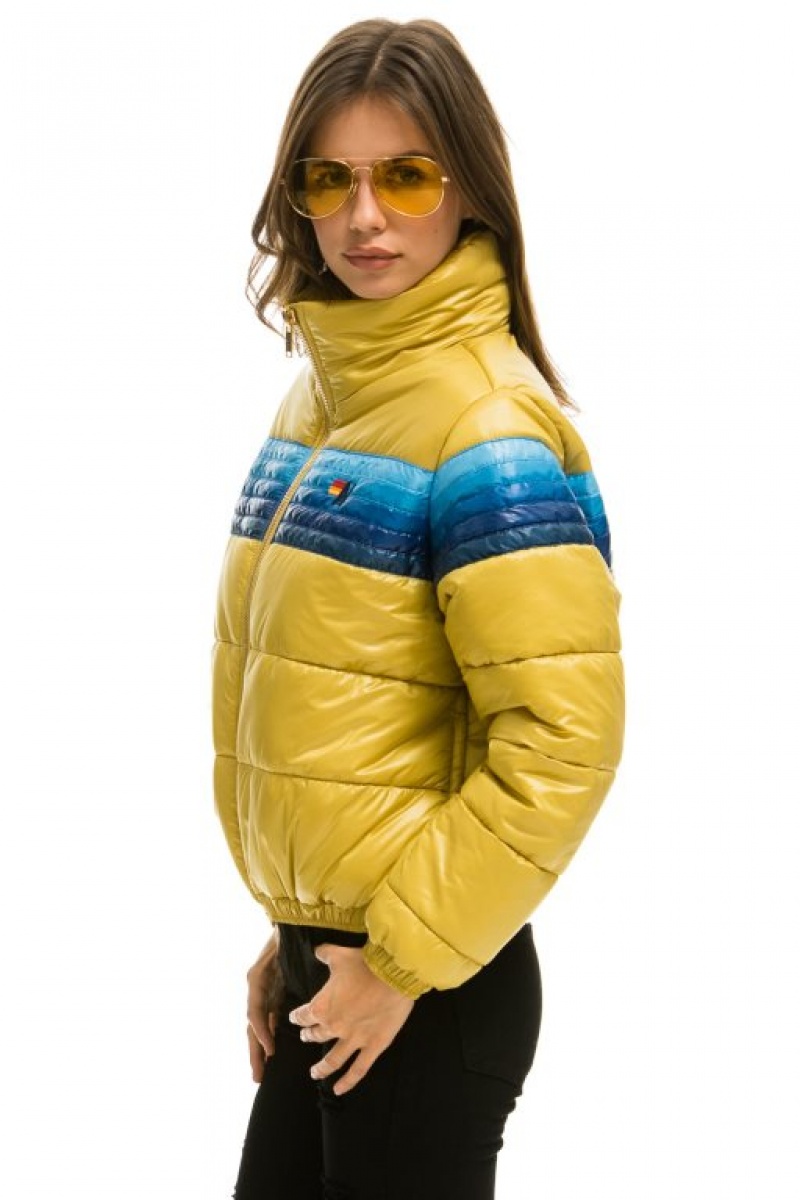 Chaquetas Aviator Nation 5 Stripe Luxe Apres Puffer Mujer Glossy Khahki | 14BUFCDYQ
