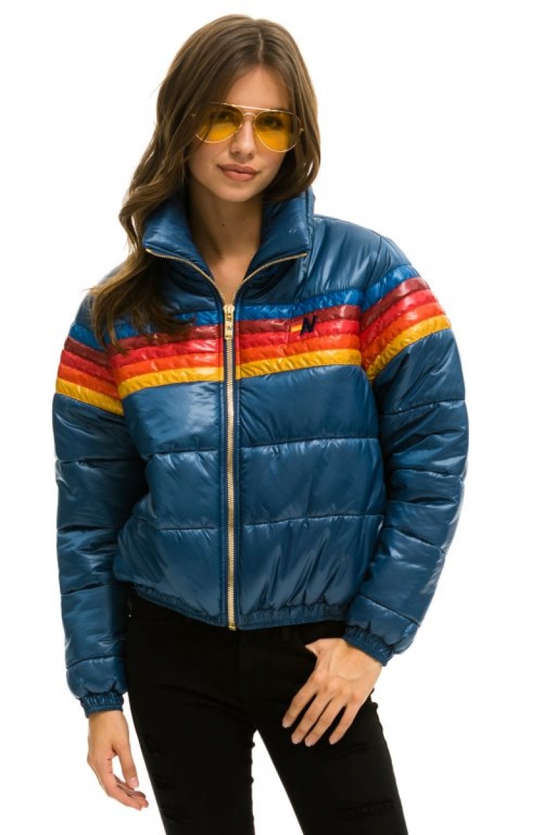 Chaquetas Aviator Nation 5 Stripe Luxe Apres Puffer Mujer Dark Blue | 14CERPXKS