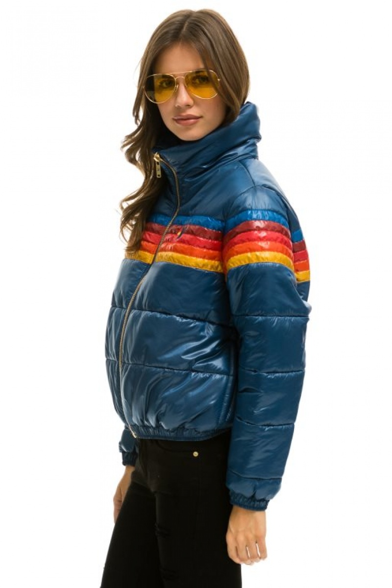 Chaquetas Aviator Nation 5 Stripe Luxe Apres Puffer Mujer Dark Blue | 14CERPXKS