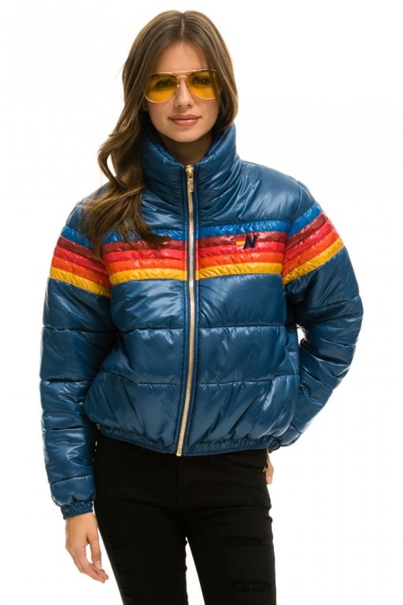 Chaquetas Aviator Nation 5 Stripe Luxe Apres Puffer Mujer Dark Blue | 14CERPXKS