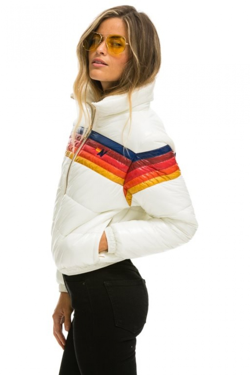 Chaquetas Aviator Nation 5 Stripe Luxe Apres Puffer Mujer White | 14HJAQEIX