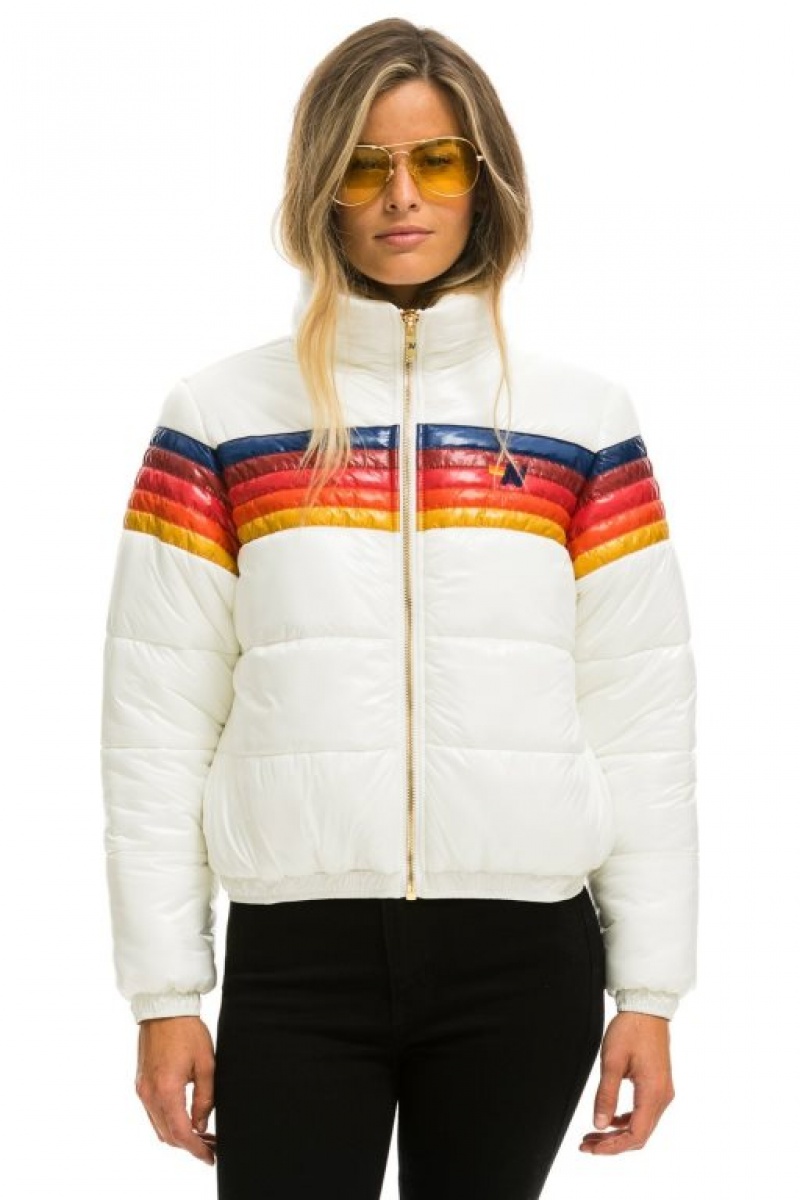 Chaquetas Aviator Nation 5 Stripe Luxe Apres Puffer Mujer White | 14HJAQEIX