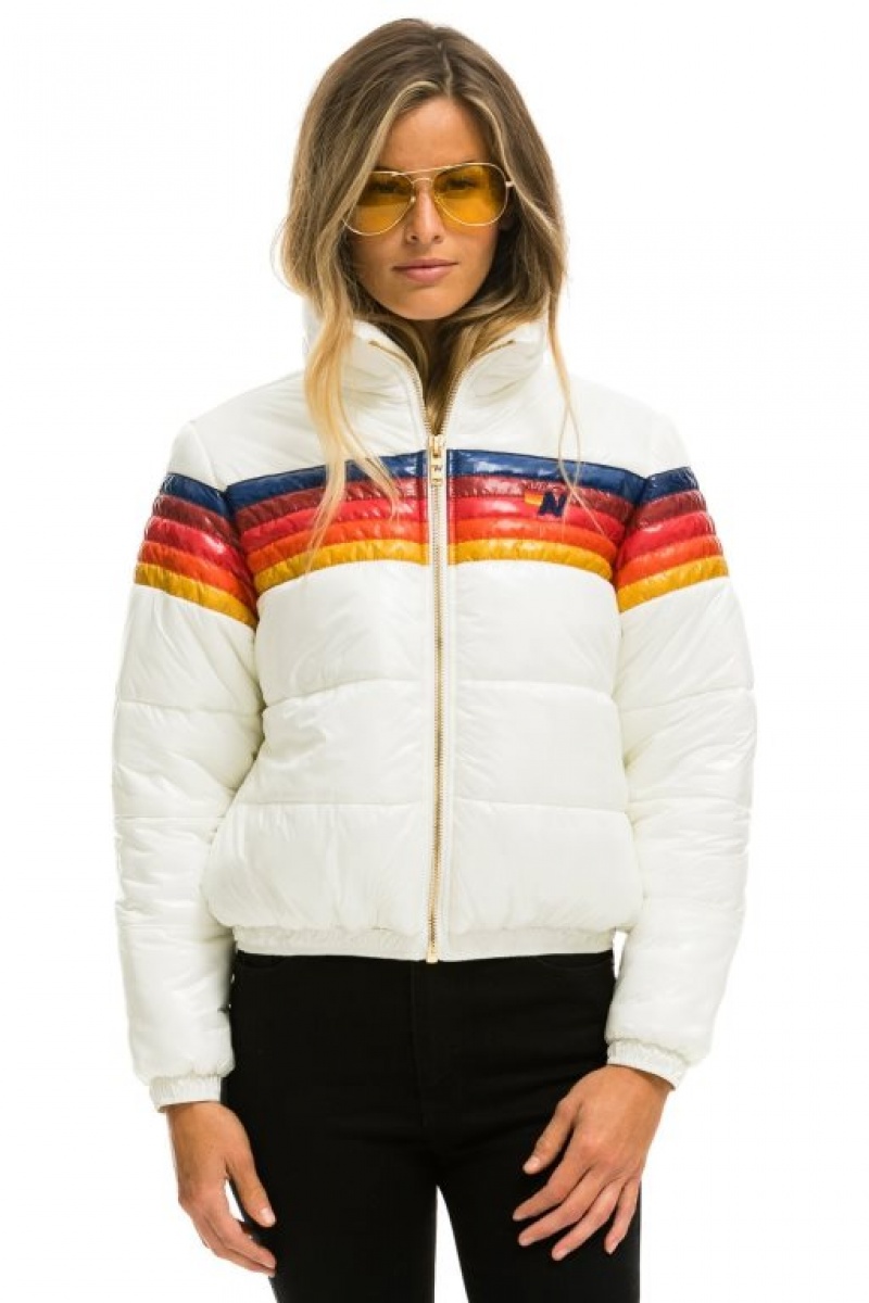 Chaquetas Aviator Nation 5 Stripe Luxe Apres Puffer Mujer White | 14HJAQEIX