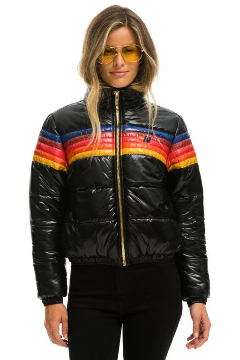 Chaquetas Aviator Nation 5 Stripe Luxe Apres Puffer Mujer Black | 14JABEYIG