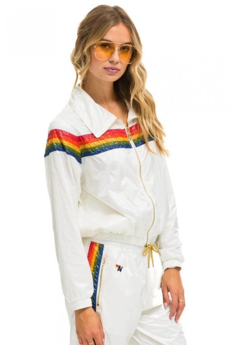 Chaquetas Aviator Nation 5 Stripe Windbreaker Mujer White | 14RXWMNQA