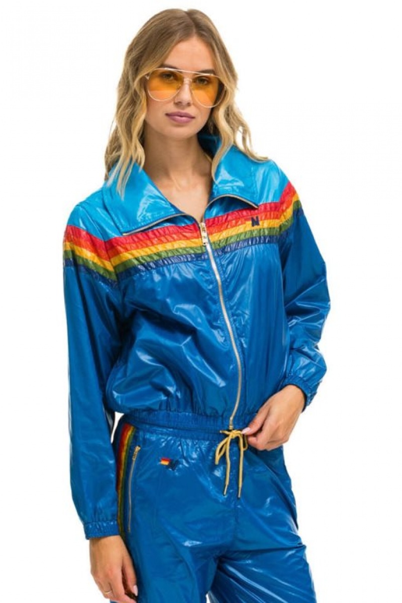 Chaquetas Aviator Nation 5 Stripe Windbreaker Mujer Blue | 14UZQJSCH