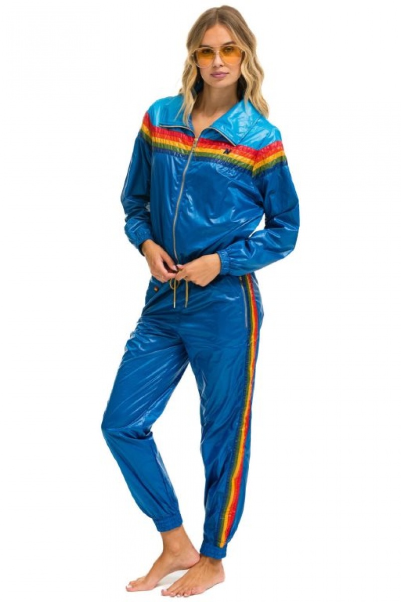 Chaquetas Aviator Nation 5 Stripe Windbreaker Mujer Blue | 14UZQJSCH
