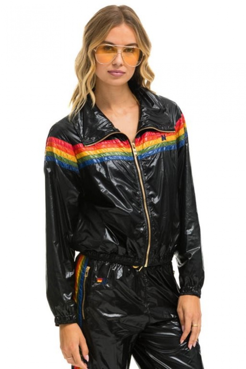 Chaquetas Aviator Nation 5 Stripe Windbreaker Mujer Black | 14VFYOCTB