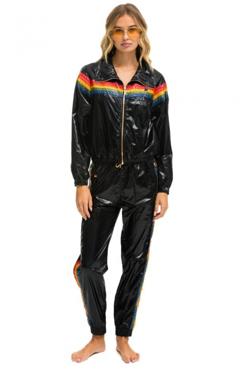 Chaquetas Aviator Nation 5 Stripe Windbreaker Mujer Black | 14VFYOCTB