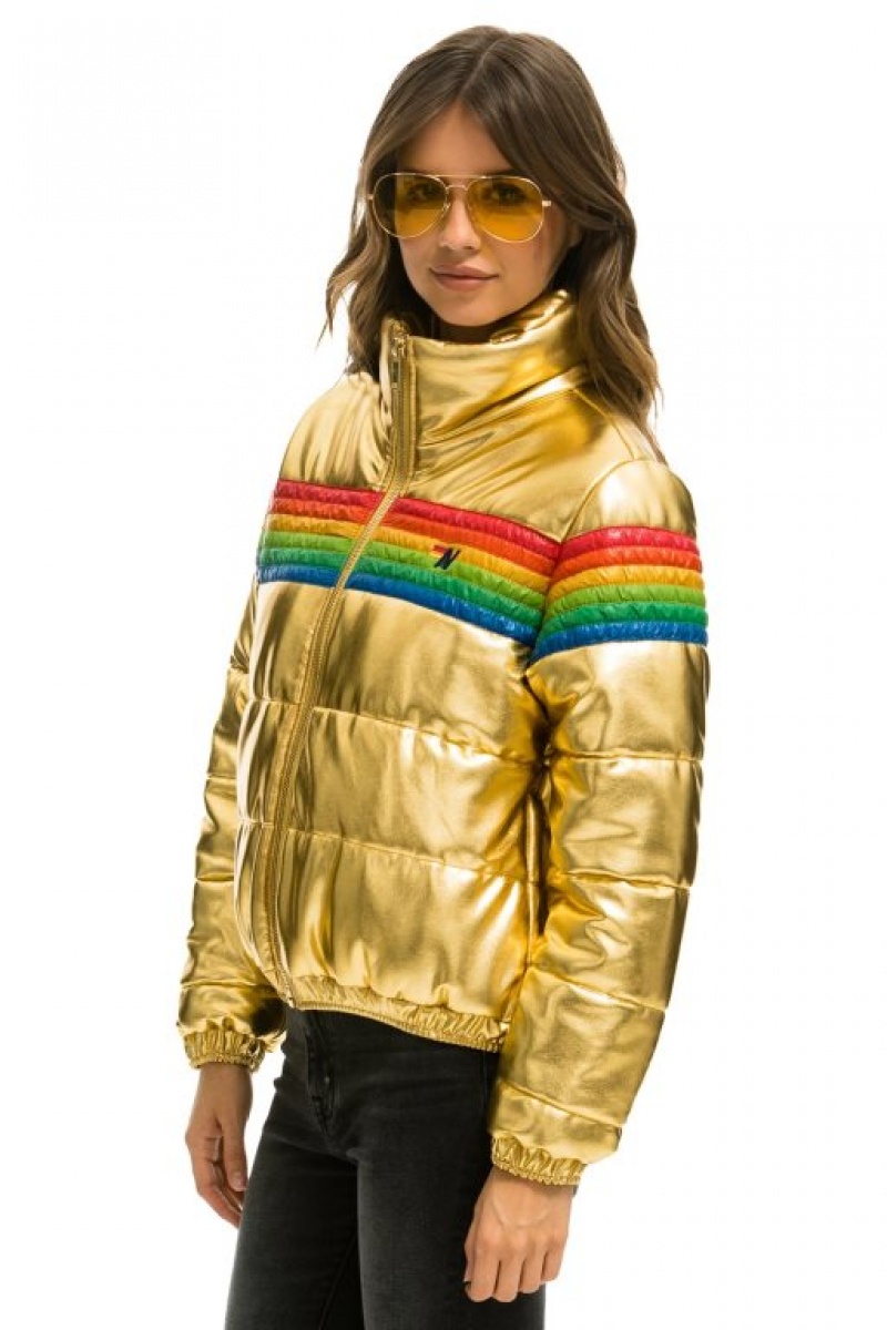 Chaquetas Aviator Nation 6 Stripe Luxe Apres Puffer Mujer Glossy Golden | 13MROTECK