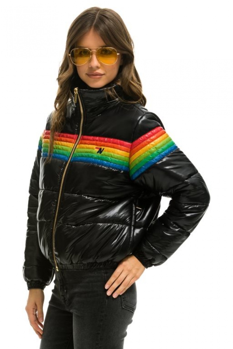 Chaquetas Aviator Nation 6 Stripe Luxe Apres Puffer Mujer Black | 14PNBHFVL