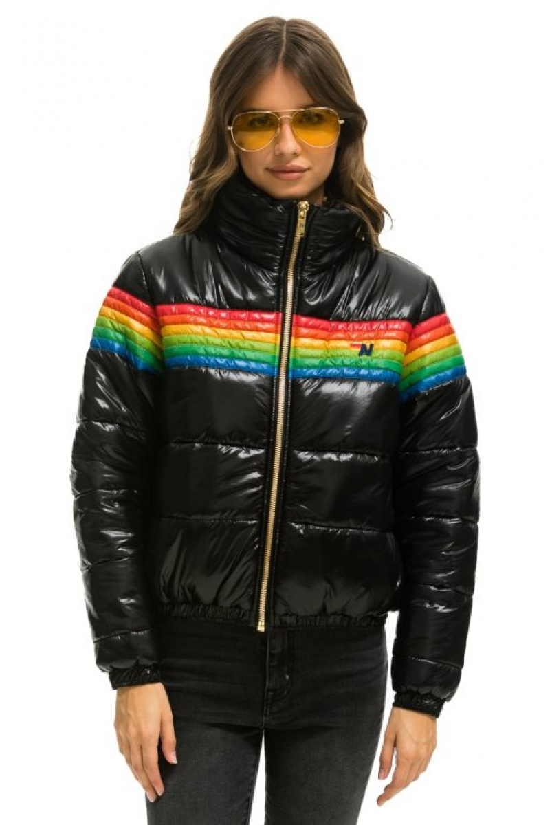 Chaquetas Aviator Nation 6 Stripe Luxe Apres Puffer Mujer Black | 14PNBHFVL