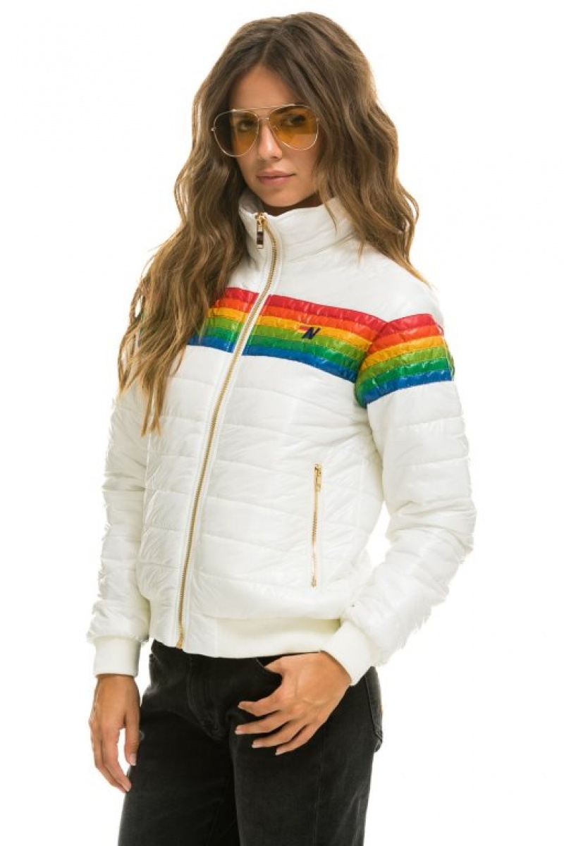 Chaquetas Aviator Nation 6 Stripe Rainbow Sleeve Mujer White | 13FGNMVAC