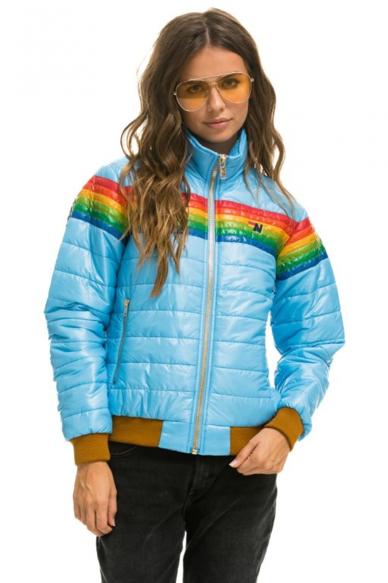 Chaquetas Aviator Nation 6 Stripe Rainbow Sleeve Mujer Blue | 13GEQSXVI