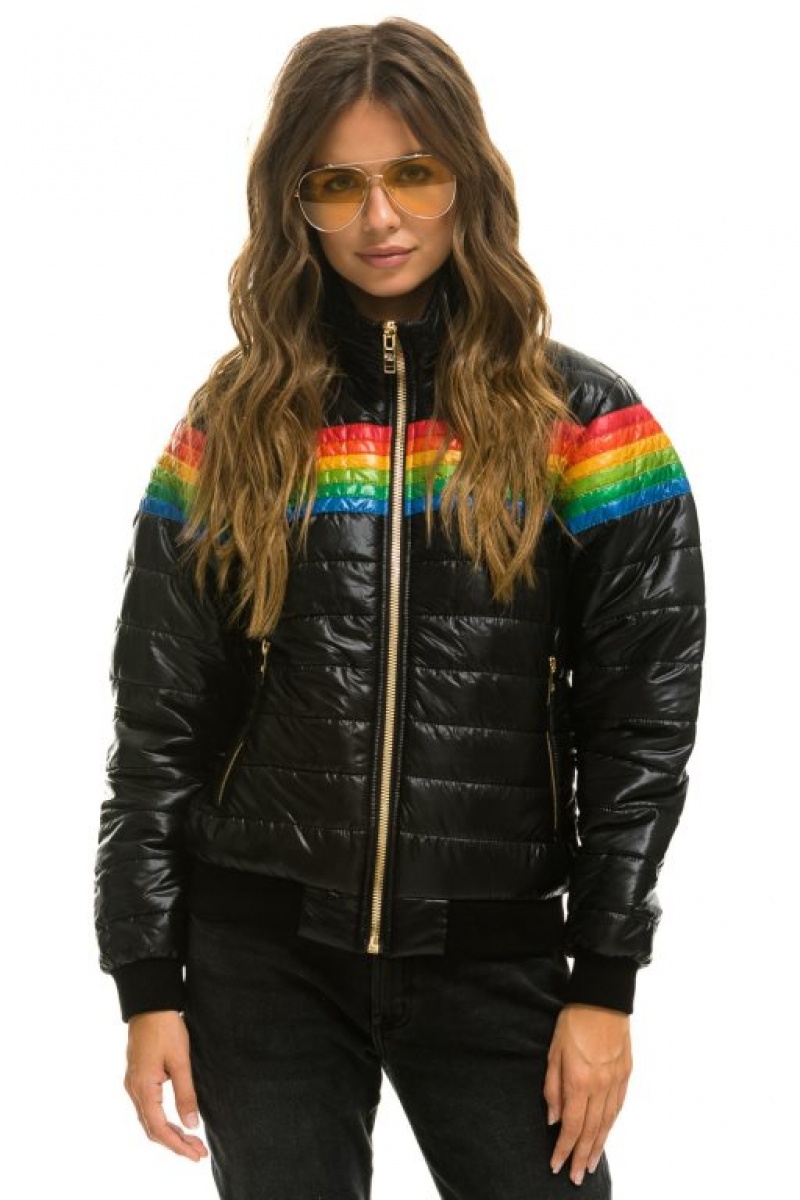 Chaquetas Aviator Nation 6 Stripe Rainbow Sleeve Mujer Black | 13IVKZPNL