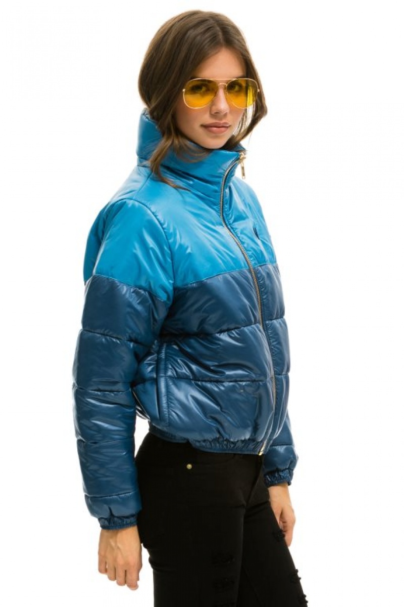 Chaquetas Aviator Nation Color Block Half And Half Apres Puffer Mujer Ocean Glossy | 14OUEZRCD