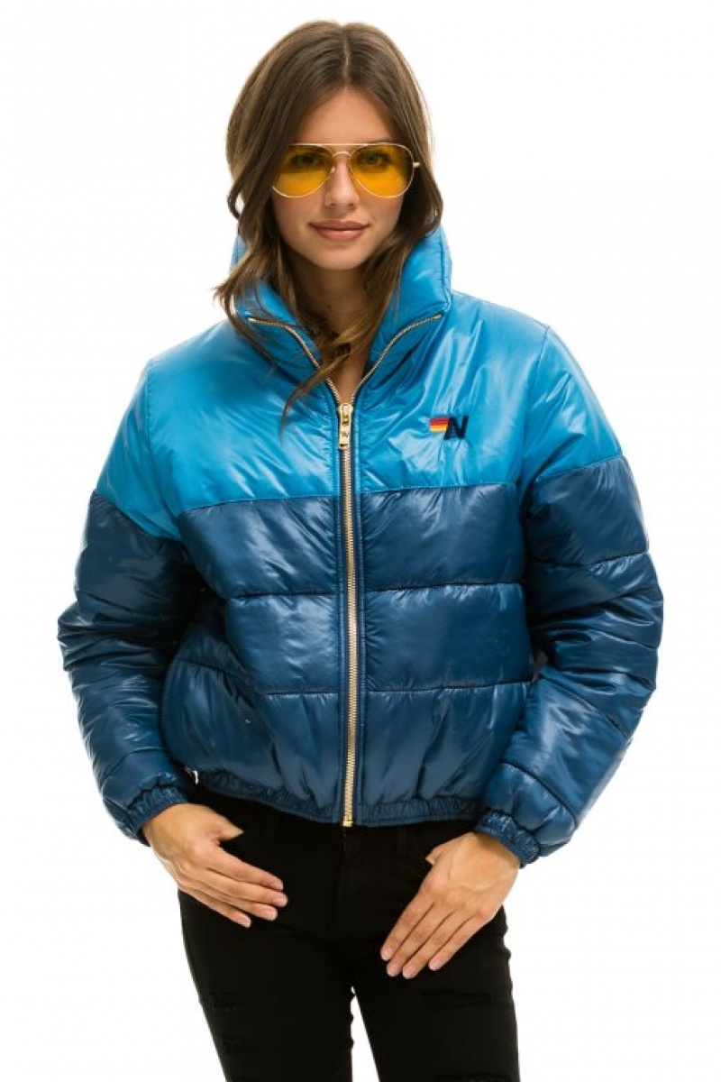 Chaquetas Aviator Nation Color Block Half And Half Apres Puffer Mujer Ocean Glossy | 14OUEZRCD