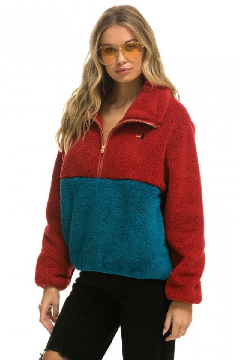 Chaquetas Aviator Nation Teddy Apres Half Zip Color Block Mujer Pink | 10OLCNJQK